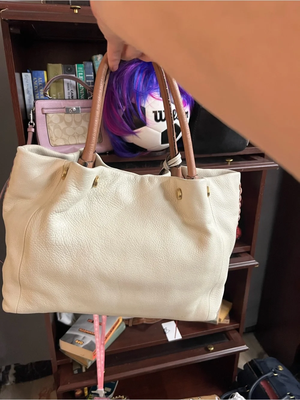 Furla Ivory Whipstitch Leather Tote with Tan Handles
